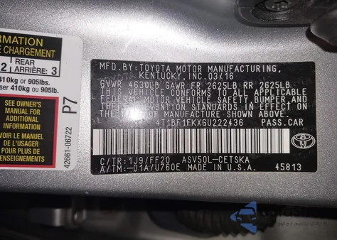 2016 Toyota Camry Se из США, поврежденный, VIN 4T1BF1FKXGU222436